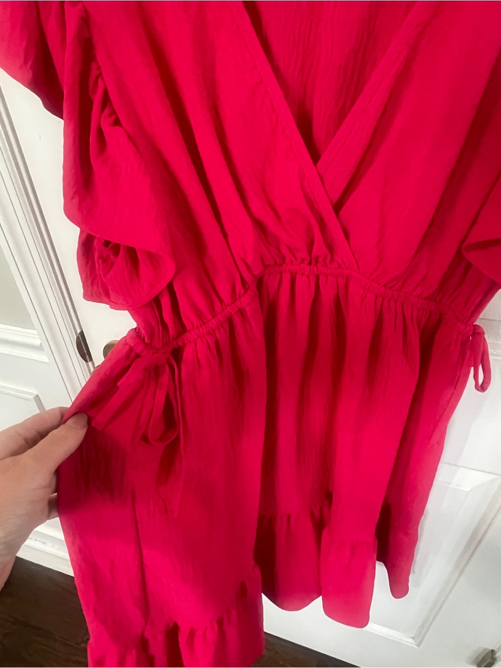 Max Studio Medium Red Pink Ruffle Cinch Waist Mini Dress - Picture 3 of 6